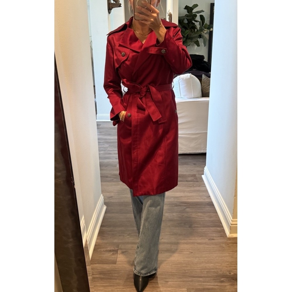 Rickie Freeman Teri Jon red Silk  jacket Waist Tie Trench Coat Rhinestone Button